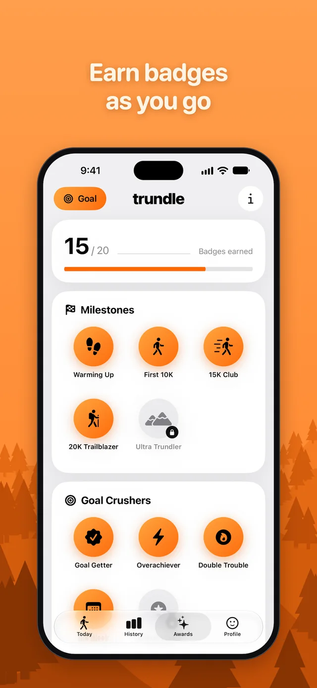 The badges screen with earned and locked achievements